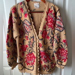 Susan Bristol Floral Knit Cardigan - Red and Tan